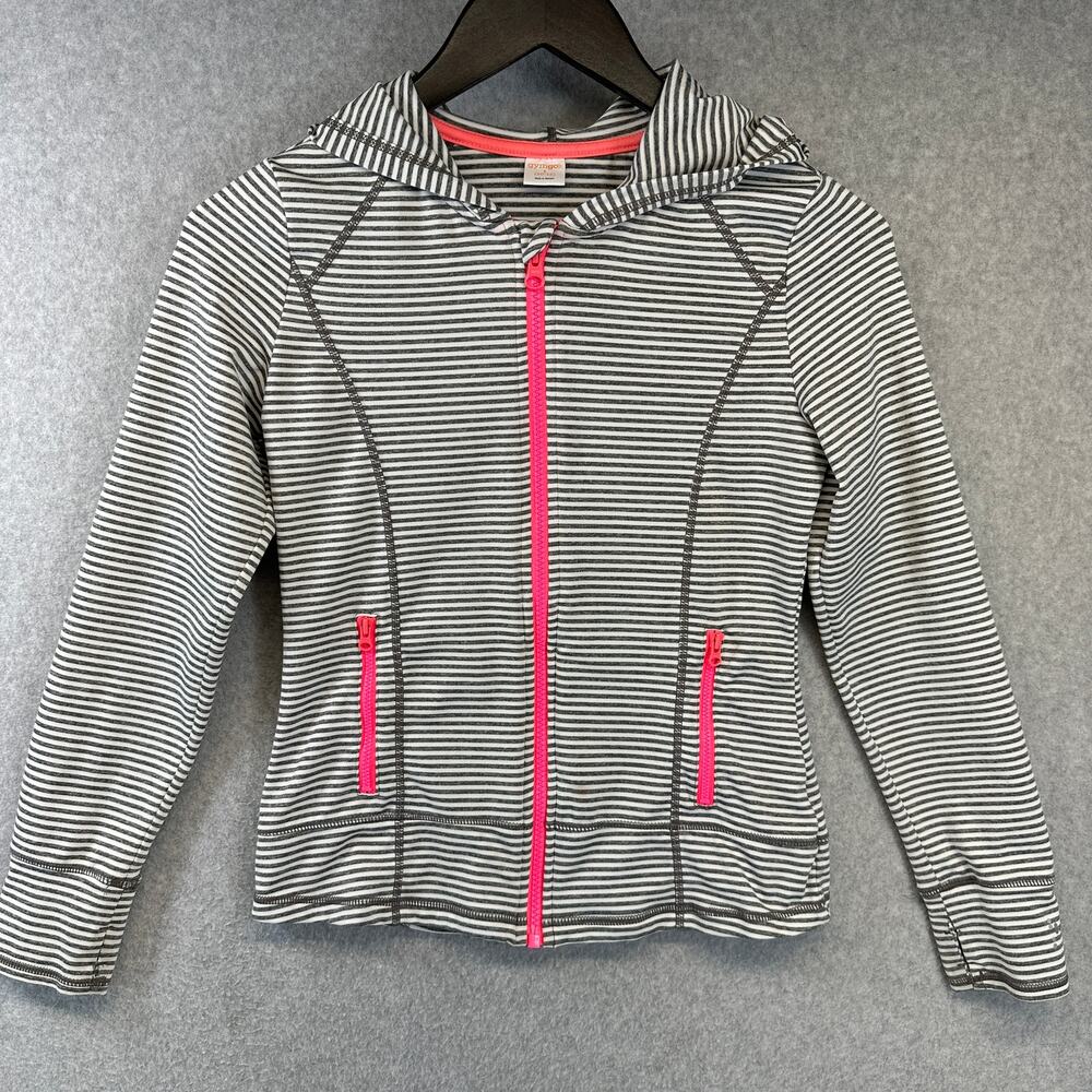 Gymgo Gymboree Jacket Girls Large 10-12 Gray White Pink Striped Full Zip Hooded